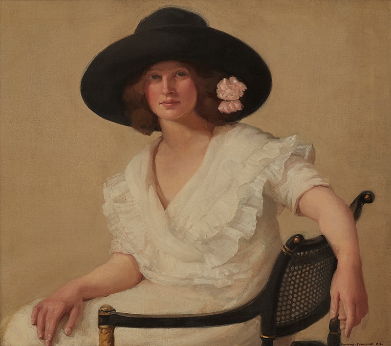 DOROTHY JOHNSTONE A.R.S.A (SCOTTISH 1892-1980) | THE BLACK HAT Signed and dated 1913, oil on canvas | 67cm x 75cm (26.25in x 29.5in) | Sold for £12,500*